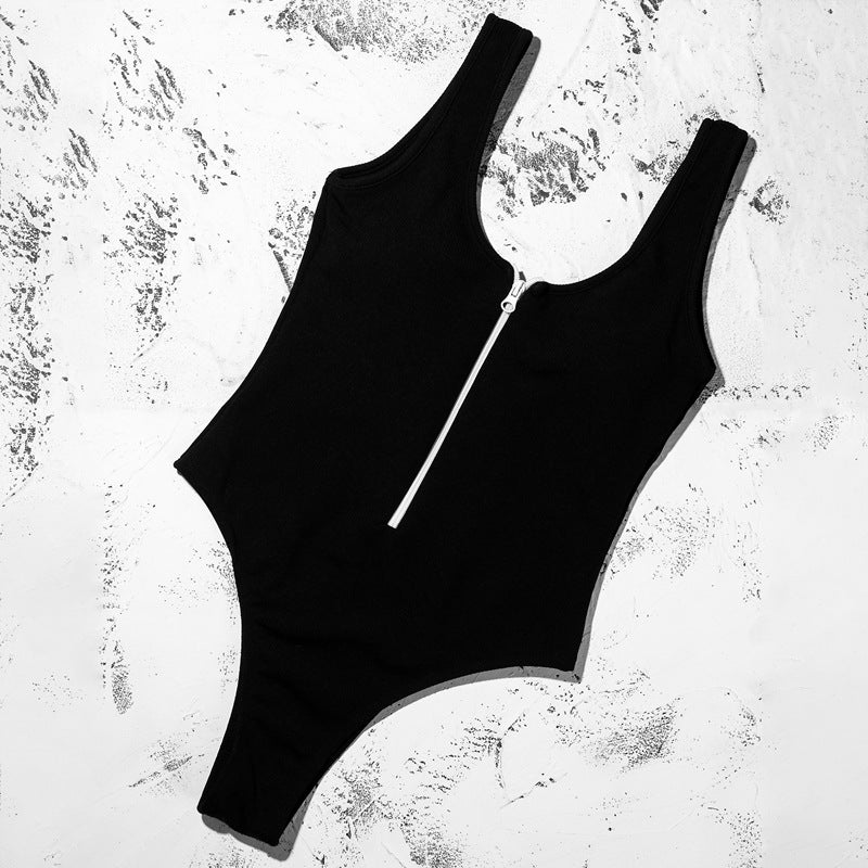 Solid color zipper stitching sexy swimsuit Black