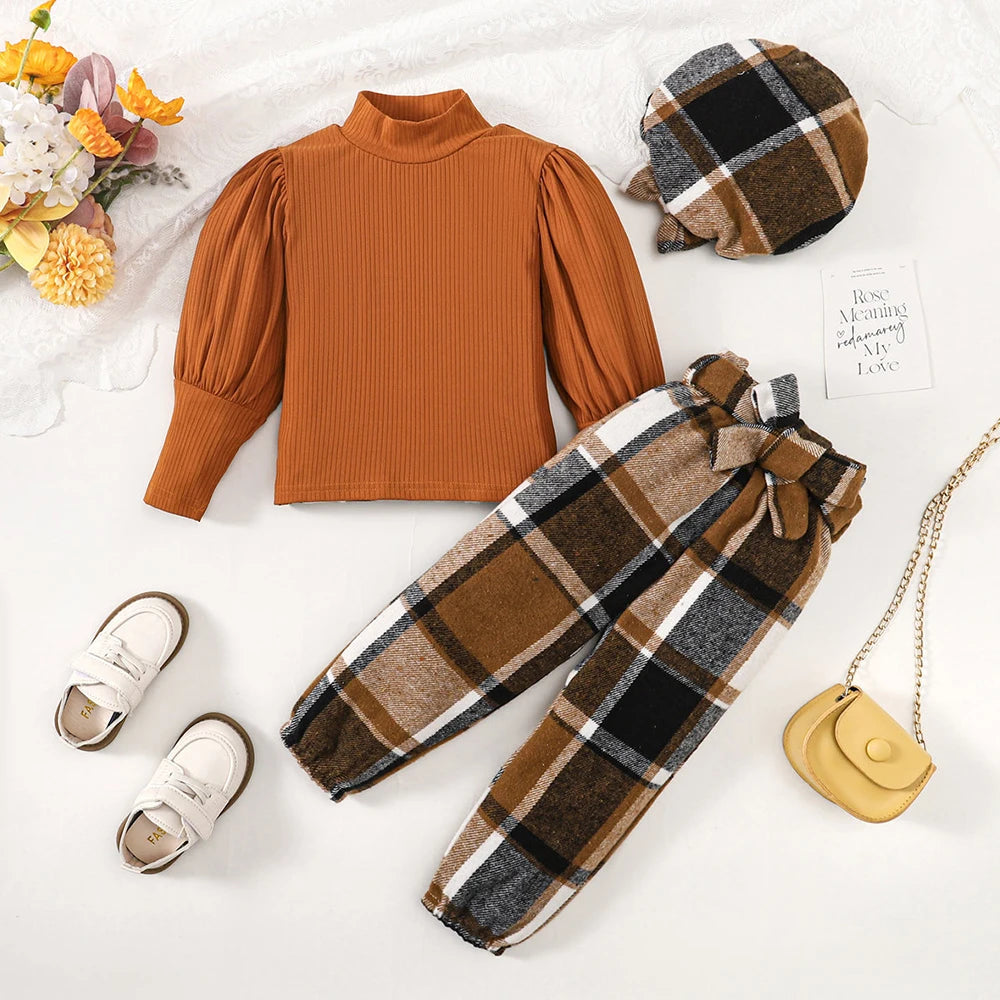 18M-6Y Autumn Girls Suit Children Solid Color Puff Sleeve Top+Bow Plaid Pants+Hat 3PCS Girls Fashion Festival Outfit Brown