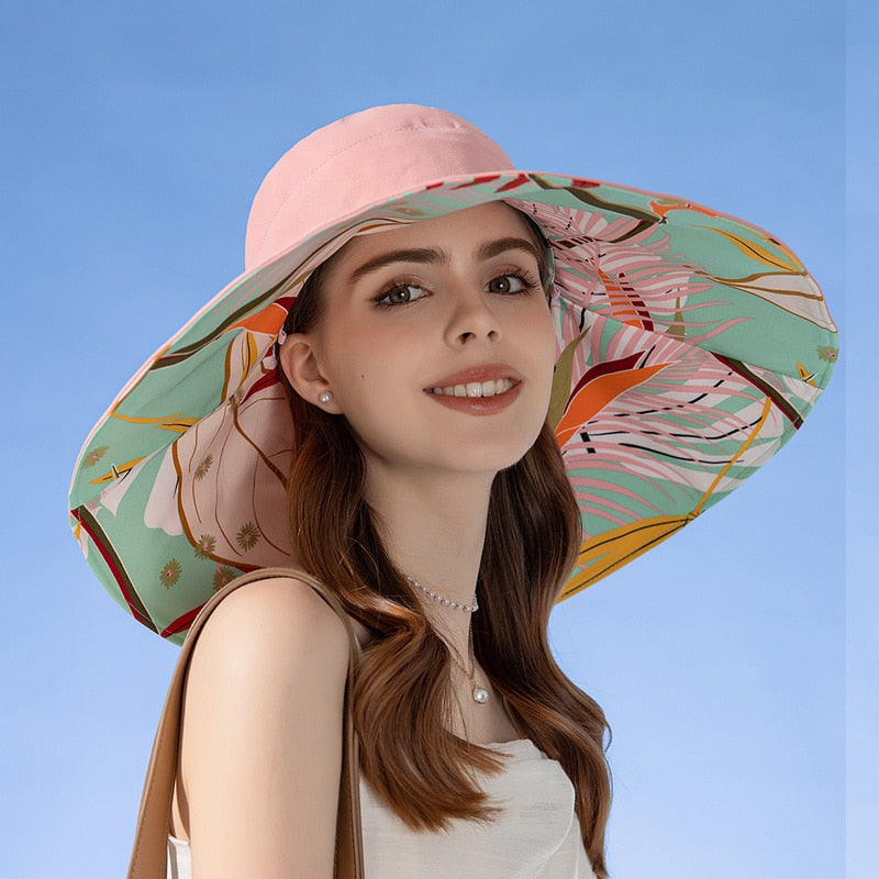 18cm Large Brim Women Sun Hat Luxury Double Sided Wearable Plant Printing Cotton Bucket Cap Light Breathable Summer Top Hat Double sided -Pink 56-60cm