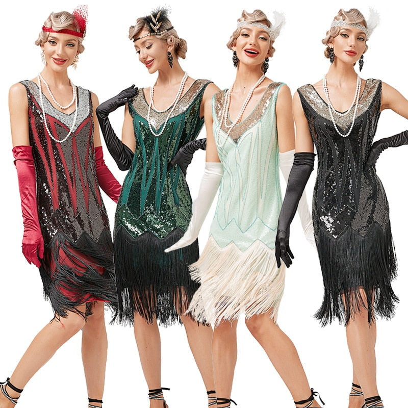 1920s Vintage Dress Beaded Sequin 30S Flapper Dresses Prom Wedding Women Vintage Dress V Neck Beaded Fringed Tassels AMAIO