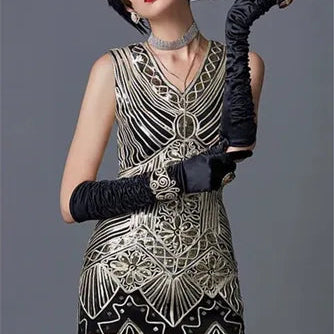 1920s Women's Sequin Triangle Hem Dress Sleeveless Gold Thread Embroidery Tassel Gatsby Party Dress black