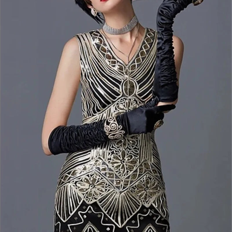 1920s Women's Sequin Triangle Hem Dress Sleeveless Gold Thread Embroidery Tassel Gatsby Party Dress