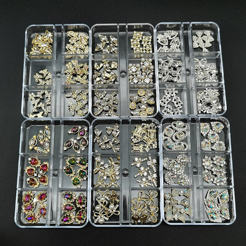 1Box Nail Art Rhinestones Crystal Glass Gems Decorations 3D Alloy Heart Nail Charms Luxury Nail Diamonds DIY Nail Supply Jewelry