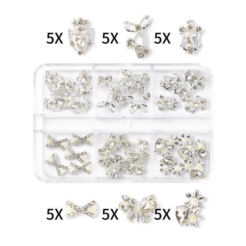 1Box Nail Art Rhinestones Crystal Glass Gems Decorations 3D Alloy Heart Nail Charms Luxury Nail Diamonds DIY Nail Supply Jewelry XZCR-17