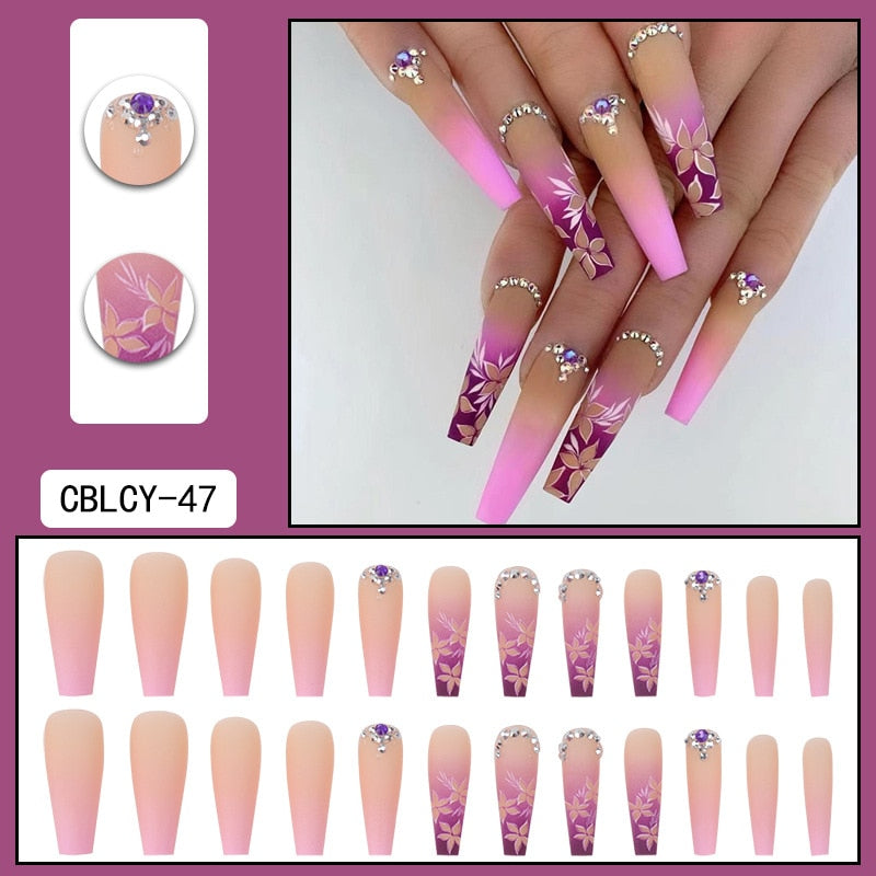 1Kit Gradient Ramp Purple Nail Tips Long Square Ballerina Luxury Nail Decoration With Rhinestones Home DIY Press On Coffin Nails