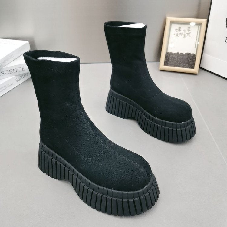 Thick Sole Long Boots Solid Color New Fashion Trendy Fly-woven Elastic Shoes Women's Winter FootwearHigh Boots Black Short