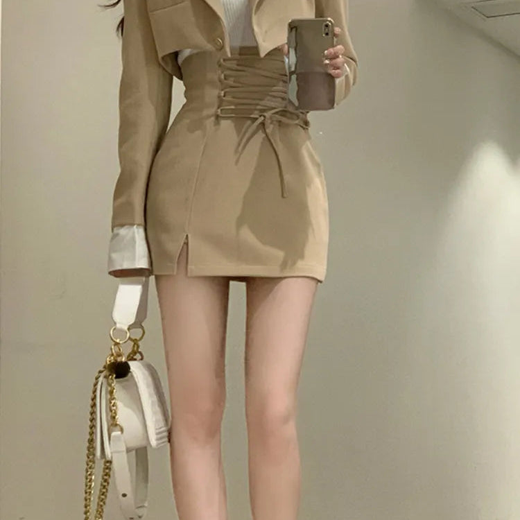 2 Piece Dress Set Women Casual Y2k Crop Tops Elegant Jacket Coats + Mini Skirts Korean Fashion Suits Autumn Blazers Dress