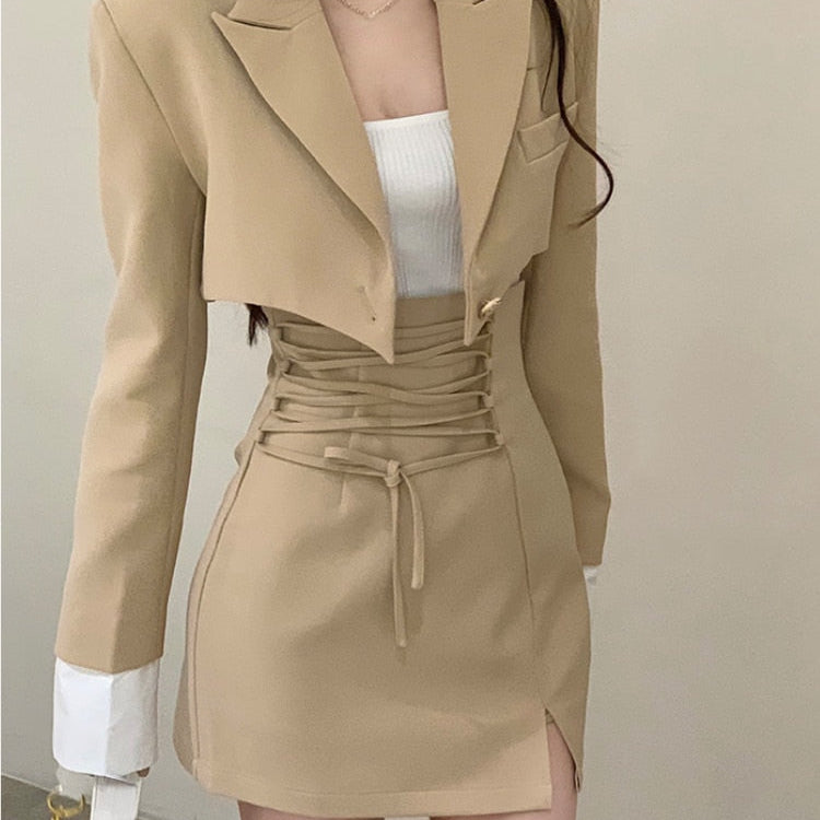 2 Piece Dress Set Women Casual Y2k Crop Tops Elegant Jacket Coats + Mini Skirts Korean Fashion Suits Autumn Blazers Dress Khaki
