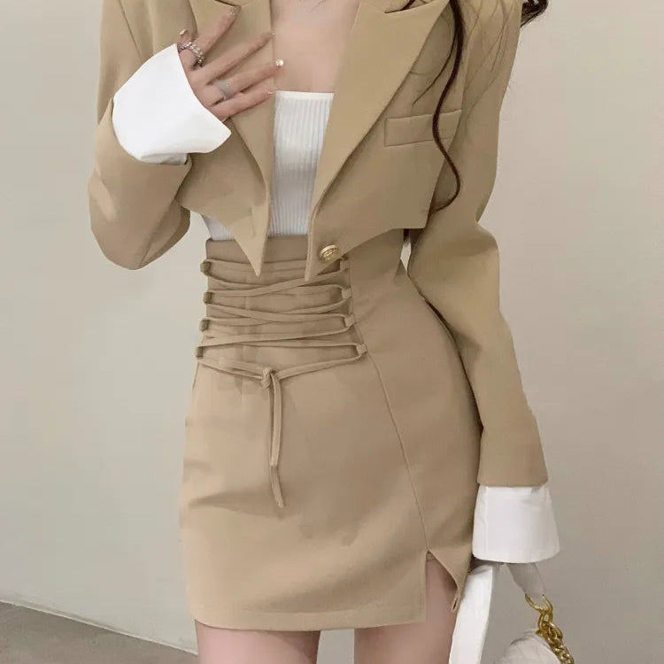 2 Piece Dress Set Women Casual Y2k Crop Tops Elegant Jacket Coats + Mini Skirts Korean Fashion Suits Autumn Blazers Dress