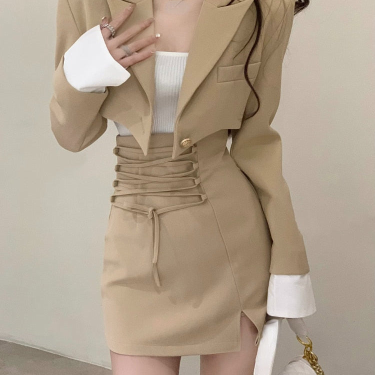 2 Piece Dress Set Women Casual Y2k Crop Tops Elegant Jacket Coats + Mini Skirts Korean Fashion Suits Autumn Blazers Dress