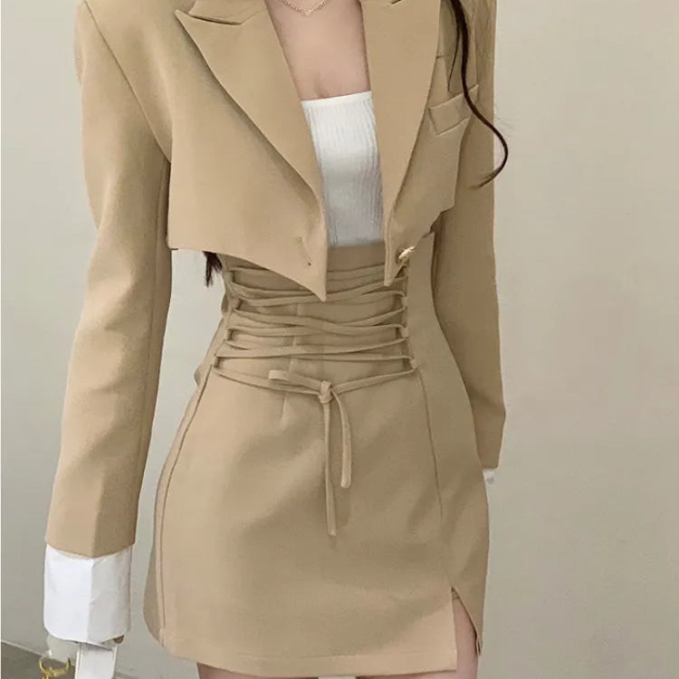 2 Piece Dress Set Women Casual Y2k Crop Tops Elegant Jacket Coats + Mini Skirts Korean Fashion Suits Autumn Blazers Dress AMAIO