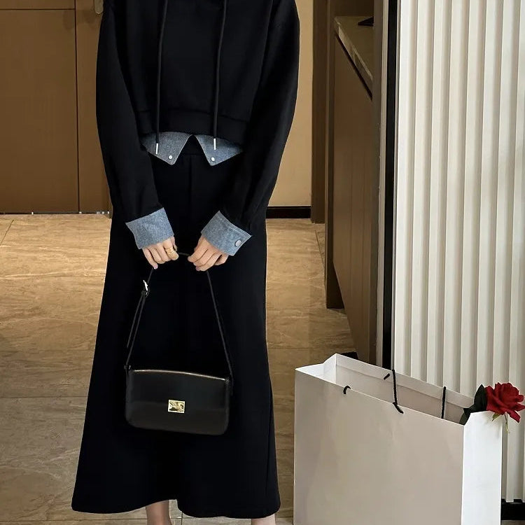 2 Piece Set Skirt and Top 2024 Autumn Korean Fashion Solid Long Sleeve Hooded Sweater Casual Skirt Sets Matching Sets Dress Sets