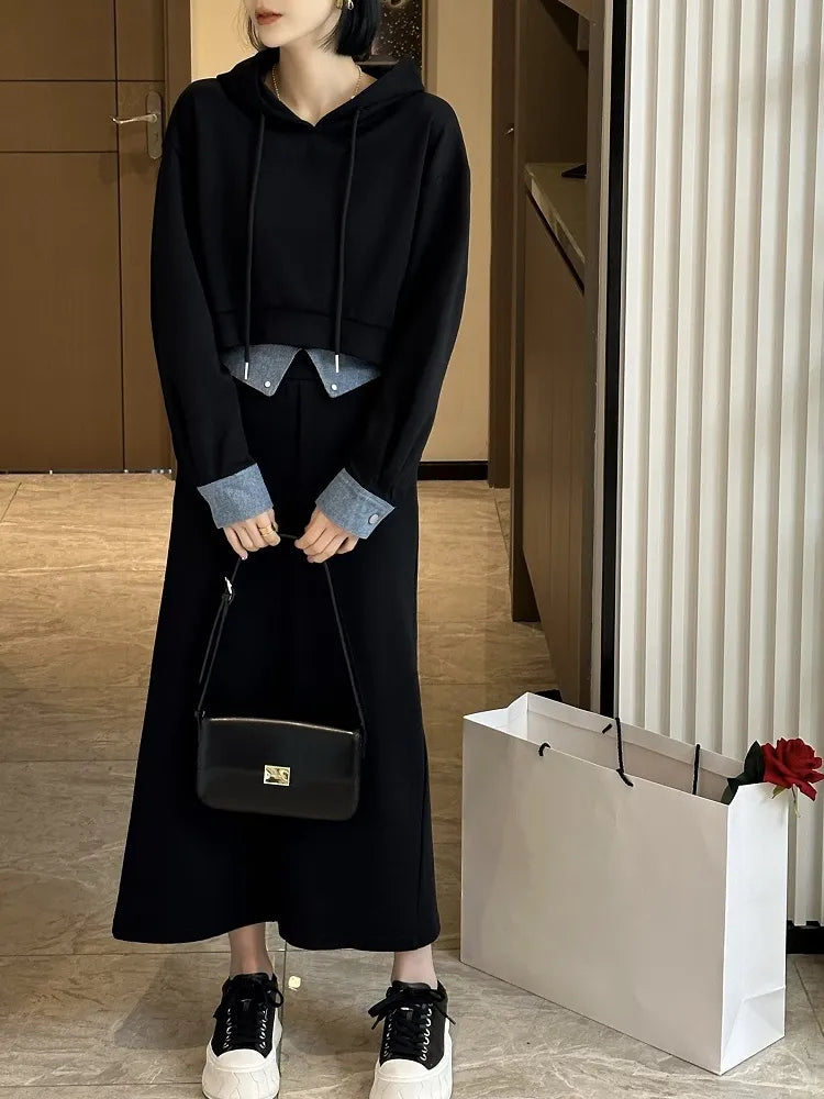 2 Piece Set Skirt and Top 2024 Autumn Korean Fashion Solid Long Sleeve Hooded Sweater Casual Skirt Sets Matching Sets Dress Sets