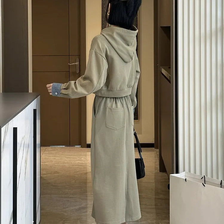 2 Piece Set Skirt and Top 2024 Autumn Korean Fashion Solid Long Sleeve Hooded Sweater Casual Skirt Sets Matching Sets Dress Sets