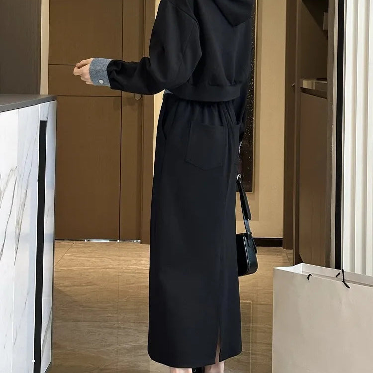 2 Piece Set Skirt and Top 2024 Autumn Korean Fashion Solid Long Sleeve Hooded Sweater Casual Skirt Sets Matching Sets Dress Sets