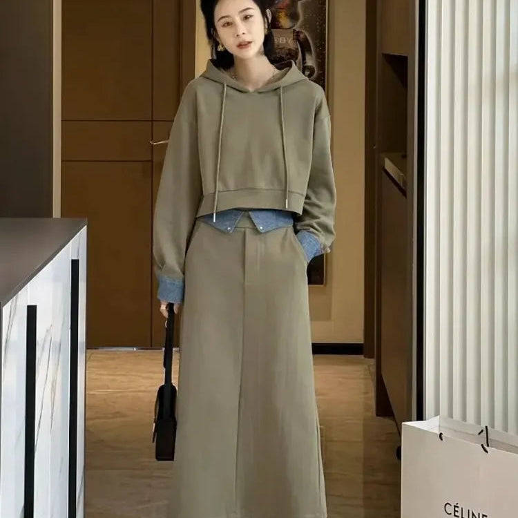 2 Piece Set Skirt and Top 2024 Autumn Korean Fashion Solid Long Sleeve Hooded Sweater Casual Skirt Sets Matching Sets Dress Sets AMAIO