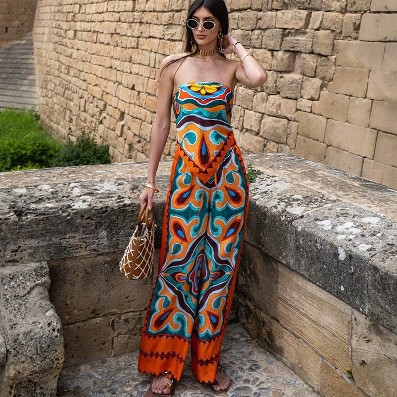 2-piece Pants Set Summer - New Women's Fashion Printed Suspenders Elastic Waist Suits Chic Elegant Holiday Set