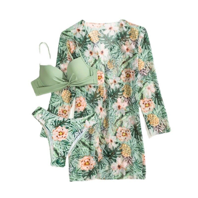 20 Colors Sexy Three Piece Bikinis Set Push Up Swimwear - Swimsuit Plants Print Bathing Suit Bikini Cover Up Banadores Mujer