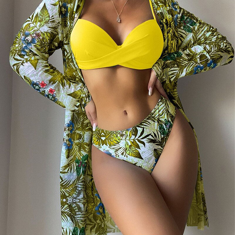 20 Colors Sexy Three Piece Bikinis Set Push Up Swimwear - Swimsuit Plants Print Bathing Suit Bikini Cover Up Banadores Mujer Ginger