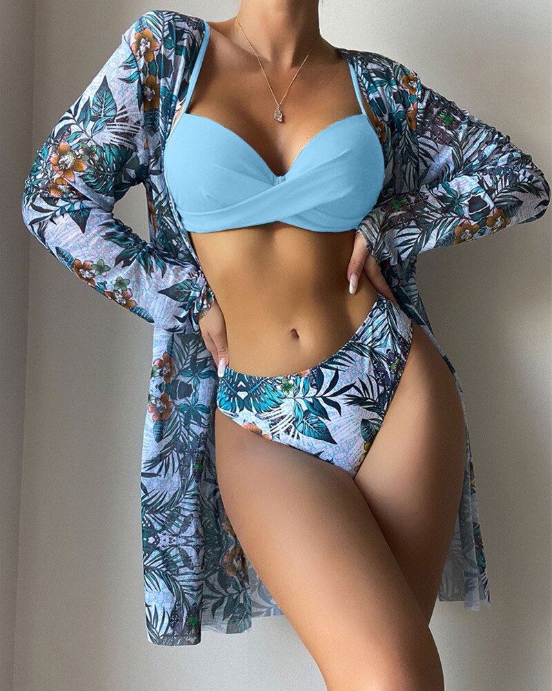 20 Colors Sexy Three Piece Bikinis Set Push Up Swimwear - Swimsuit Plants Print Bathing Suit Bikini Cover Up Banadores Mujer Sky Blue