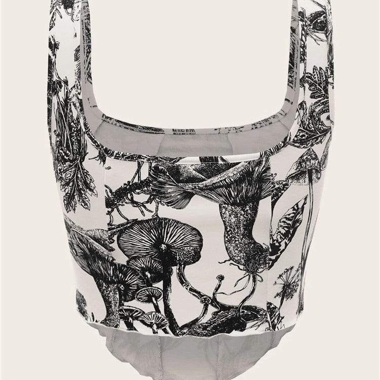 2000s Clothes Y2K Plant Print Corset Top Women Summer Sleeveless Cami Top Harajuku Black Crop Tank Top Streetwear 2024