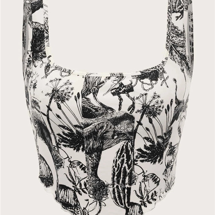 2000s Clothes Y2K Plant Print Corset Top Women Summer Sleeveless Cami Top Harajuku Black Crop Tank Top Streetwear 2024 Black
