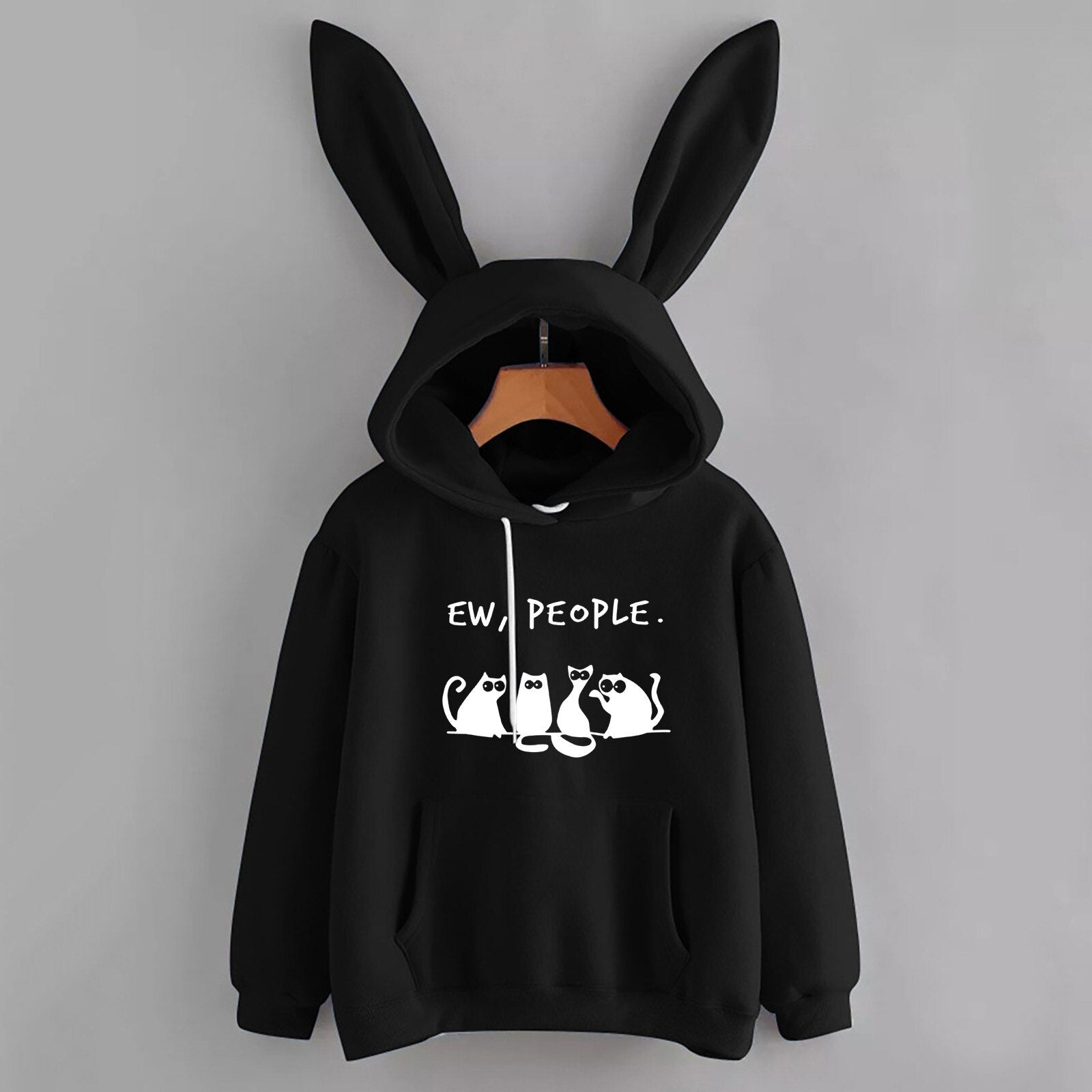 2021 Women's Halloween Sweatshirt Casual Loose Cat Print Pocket Drawstring Blouse Bunny Ear Hoodie Top Long Zipper Sweater Black