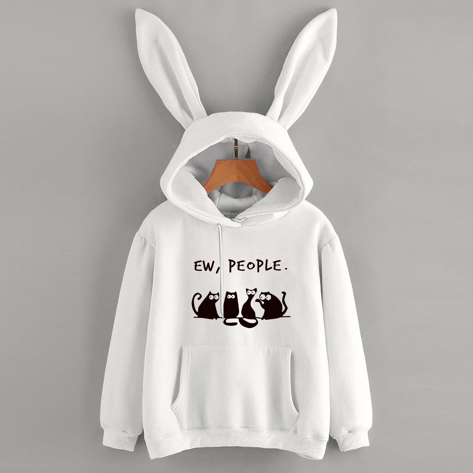 2021 Women's Halloween Sweatshirt Casual Loose Cat Print Pocket Drawstring Blouse Bunny Ear Hoodie Top Long Zipper Sweater White