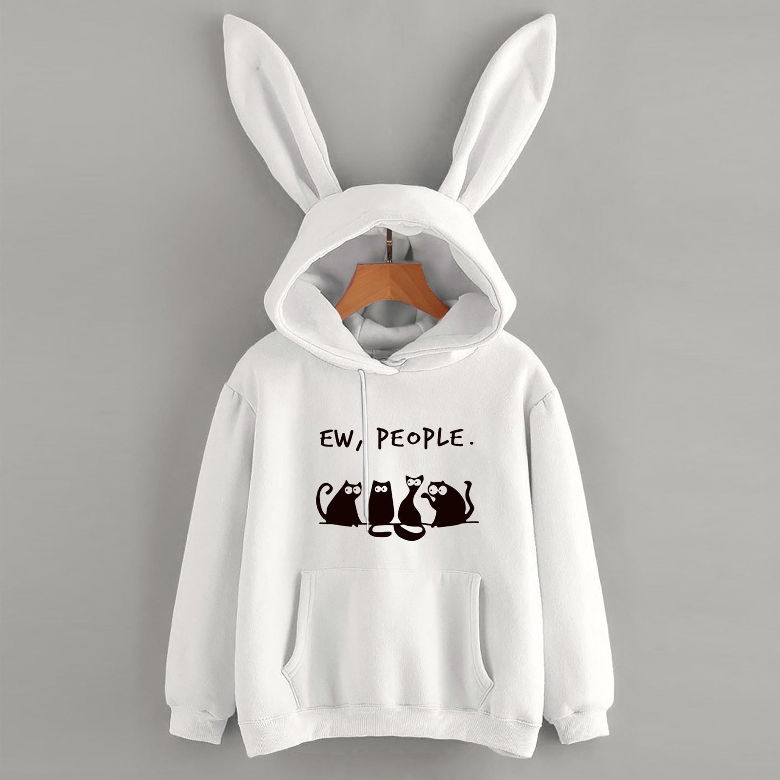 2021 Women's Halloween Sweatshirt Casual Loose Cat Print Pocket Drawstring Blouse Bunny Ear Hoodie Top Long Zipper Sweater AMAIO