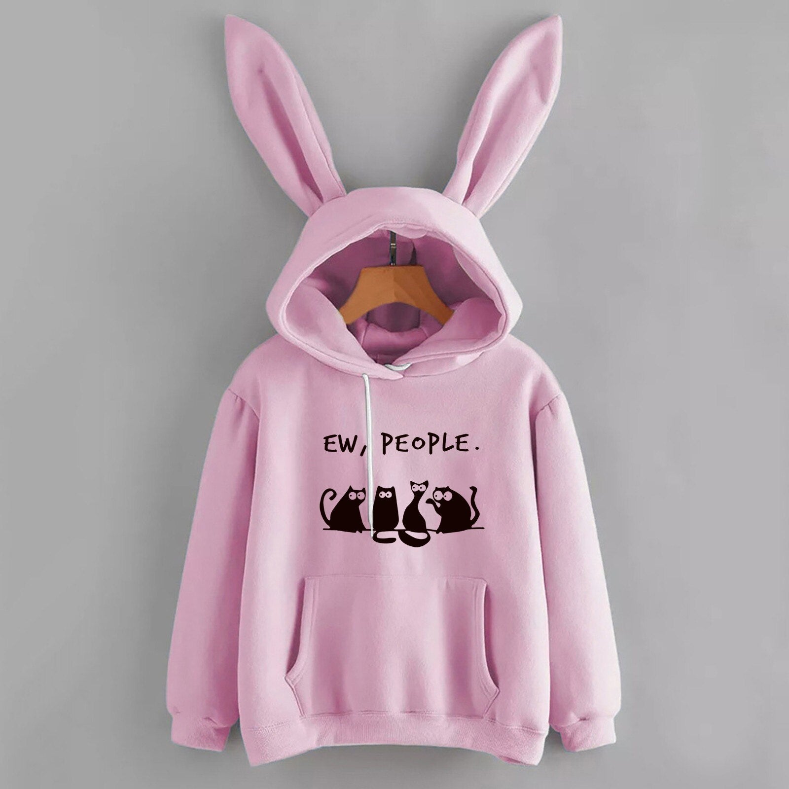 2021 Women's Halloween Sweatshirt Casual Loose Cat Print Pocket Drawstring Blouse Bunny Ear Hoodie Top Long Zipper Sweater Pink