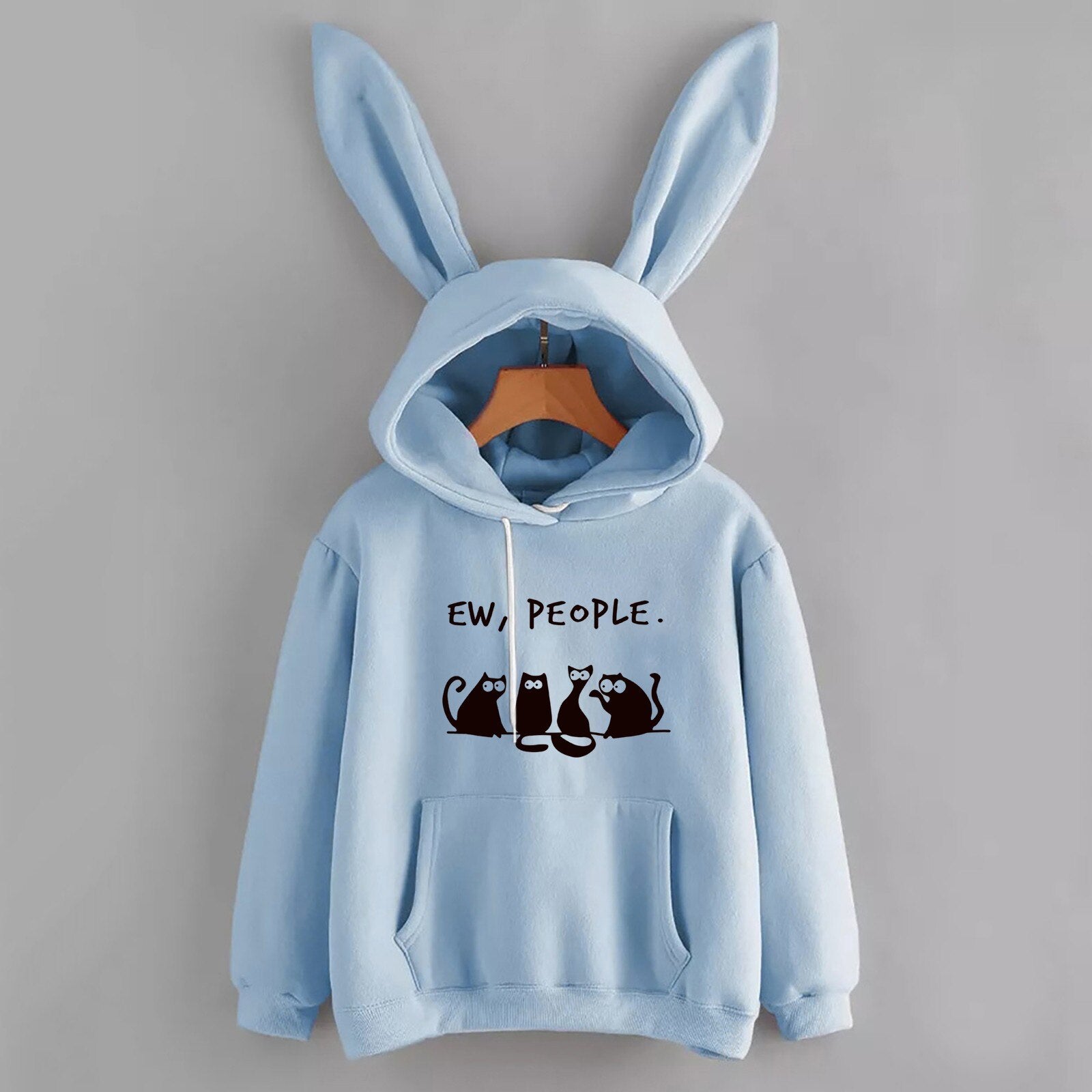 2021 Women's Halloween Sweatshirt Casual Loose Cat Print Pocket Drawstring Blouse Bunny Ear Hoodie Top Long Zipper Sweater Blue