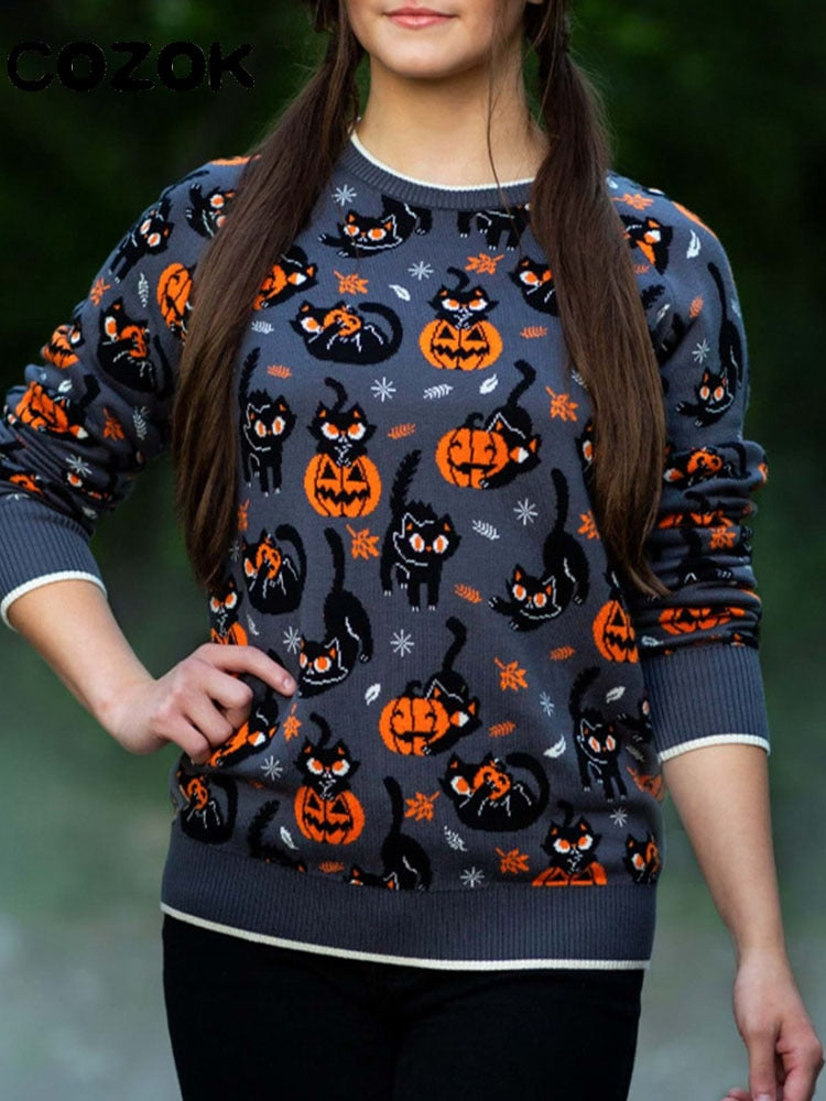 2022 Autumn Vintage Sweaters Winter Thicken Knitwear Pullovers Women Pumpkin Knitted Long Sleeve Sweater Pullover Halloween Tops