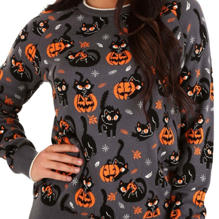 2022 Autumn Vintage Sweaters Winter Thicken Knitwear Pullovers Women Pumpkin Knitted Long Sleeve Sweater Pullover Halloween Tops Slate Grey