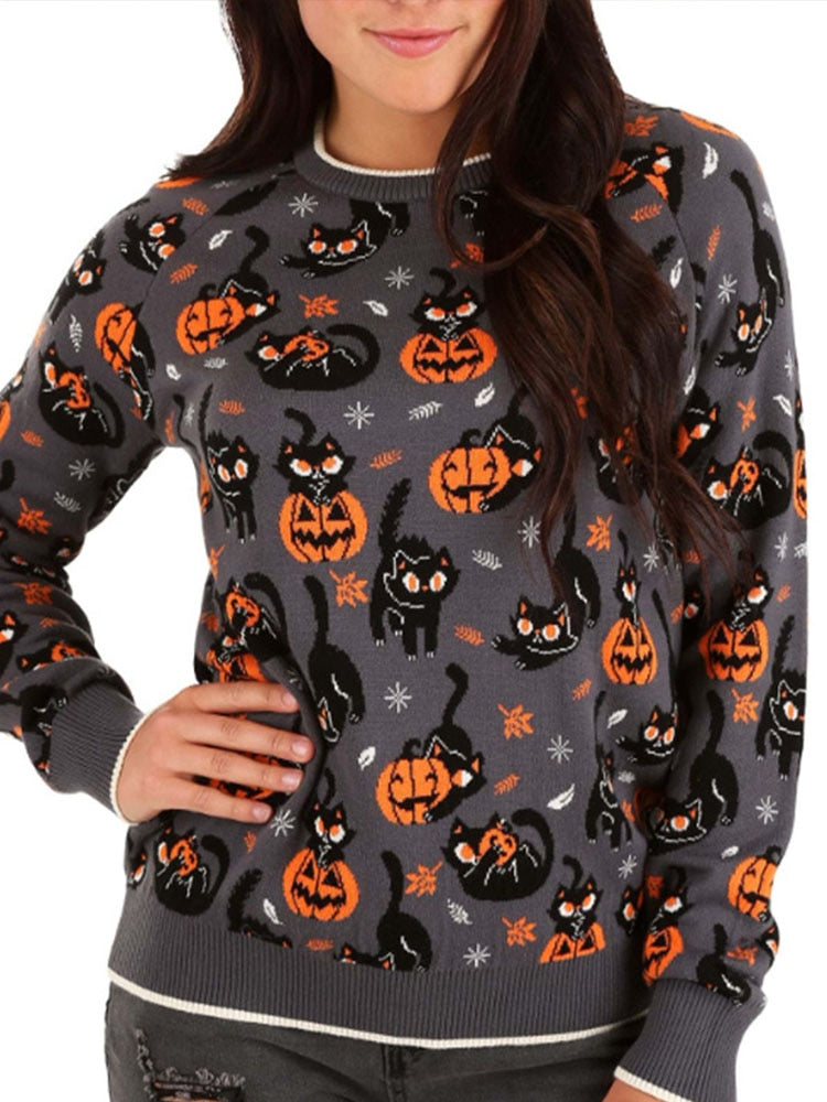 2022 Autumn Vintage Sweaters Winter Thicken Knitwear Pullovers Women Pumpkin Knitted Long Sleeve Sweater Pullover Halloween Tops Slate Grey