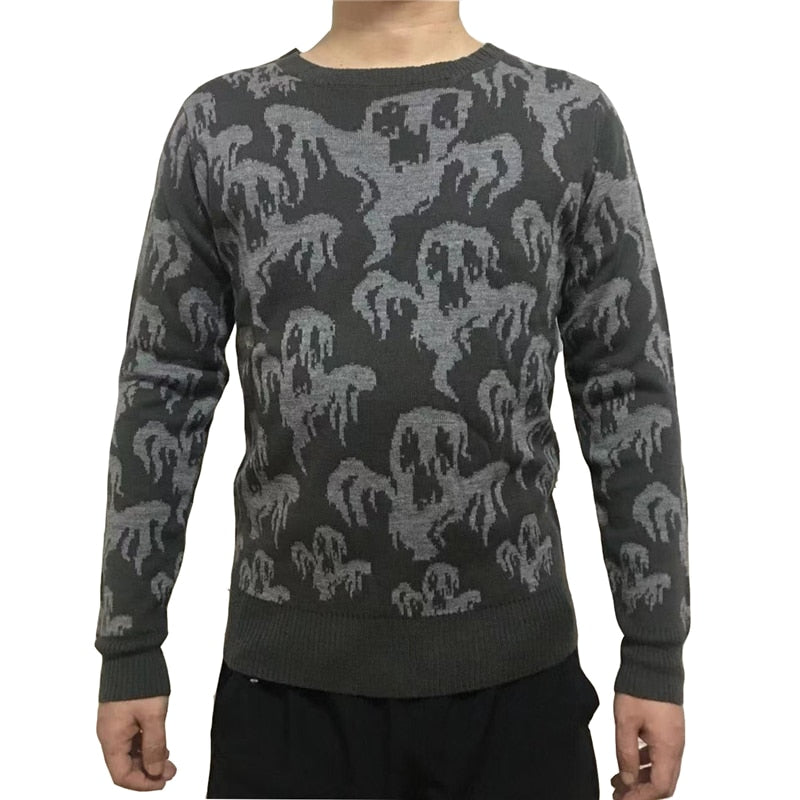 2022 Halloween New-arriving Adult Unisex Men and Women Crew Neck Cute Vintage Knit Ghost Pattern Ugly Halloween Sweater Gray