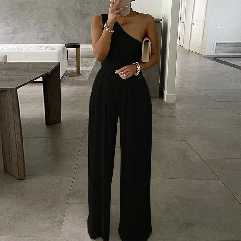 2022 Summer Women Fashion Sexy One Shoulder Club Romper Bodysuit Elegant Wide Leg Jumpsuit Office Lady Casual Ovealls