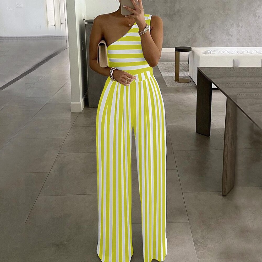 2022 Summer Women Fashion Sexy One Shoulder Club Romper Bodysuit Elegant Wide Leg Jumpsuit Office Lady Casual Ovealls yellow stripes