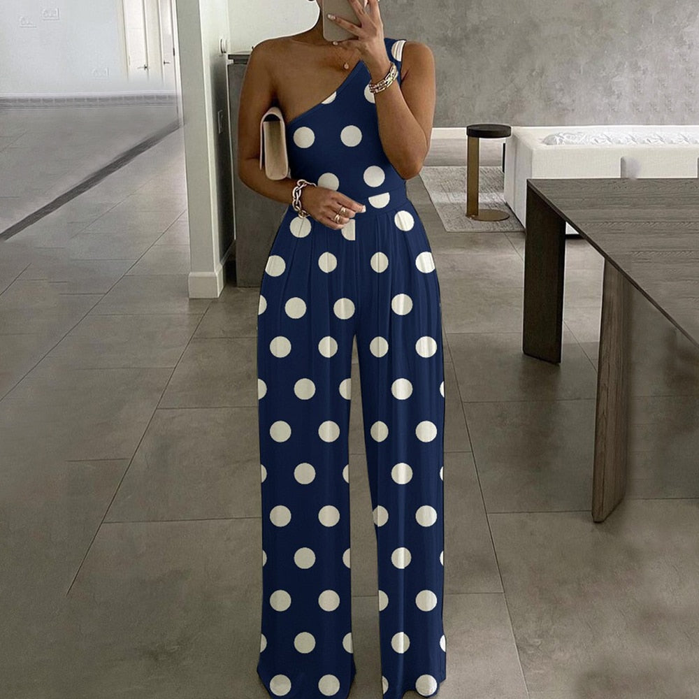 2022 Summer Women Fashion Sexy One Shoulder Club Romper Bodysuit Elegant Wide Leg Jumpsuit Office Lady Casual Ovealls Big wave point