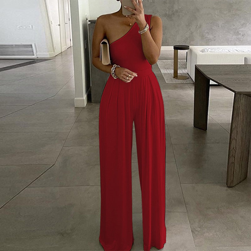 2022 Summer Women Fashion Sexy One Shoulder Club Romper Bodysuit Elegant Wide Leg Jumpsuit Office Lady Casual Ovealls
