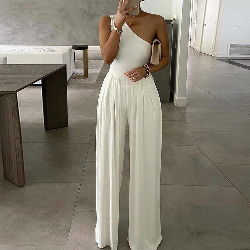 2022 Summer Women Fashion Sexy One Shoulder Club Romper Bodysuit Elegant Wide Leg Jumpsuit Office Lady Casual Ovealls AMAIO