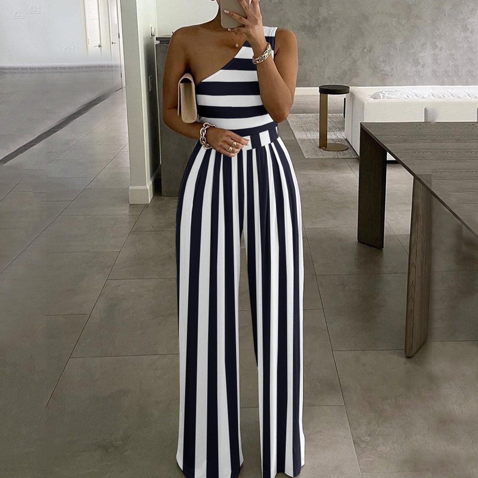 2022 Summer Women Fashion Sexy One Shoulder Club Romper Bodysuit Elegant Wide Leg Jumpsuit Office Lady Casual Ovealls