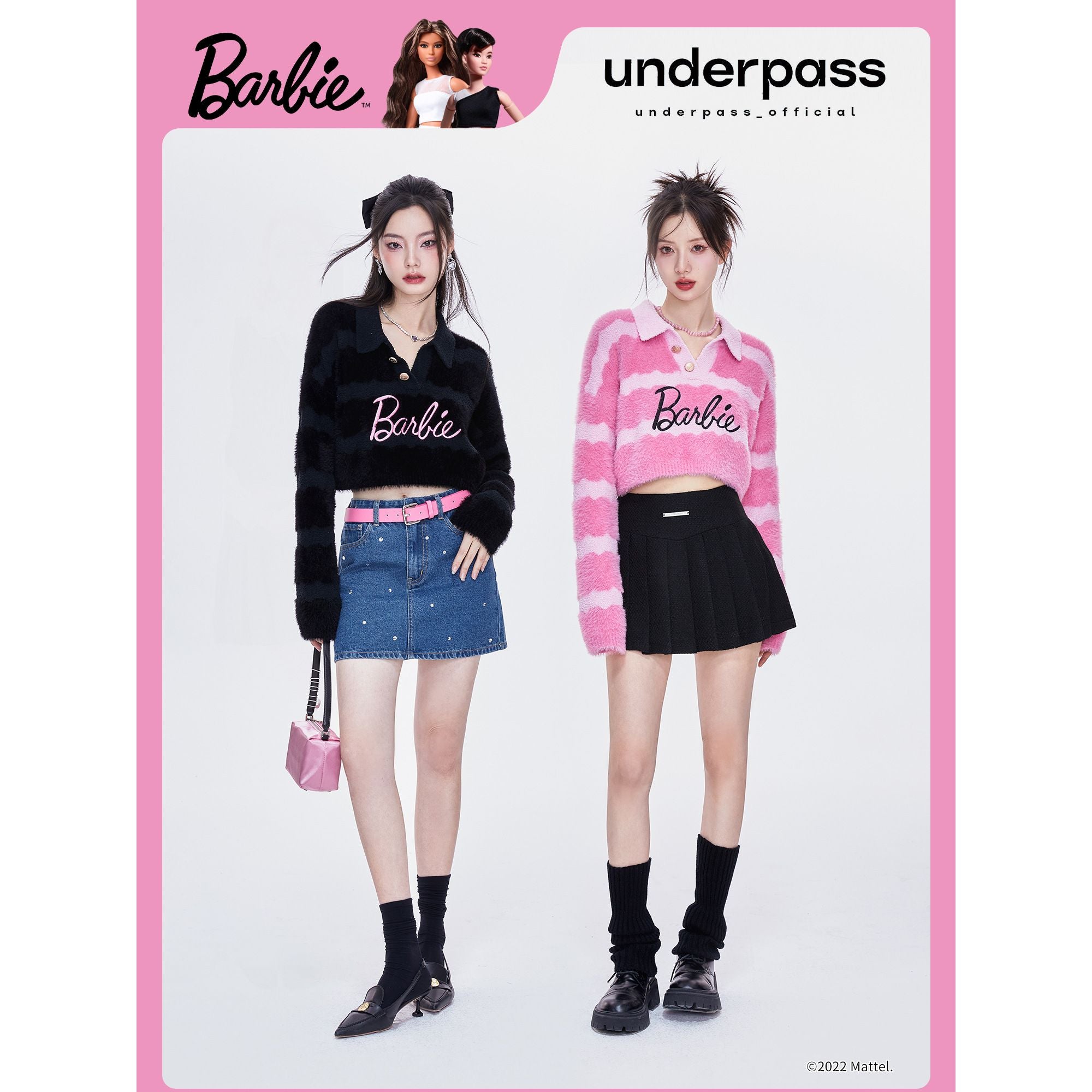 2022 Winter Barbie Short Pure Sexy Mink Hair Polos Striped Wool Sweater for Women Fashion Girls Soft Tops V-Neck Ins Style Gifts