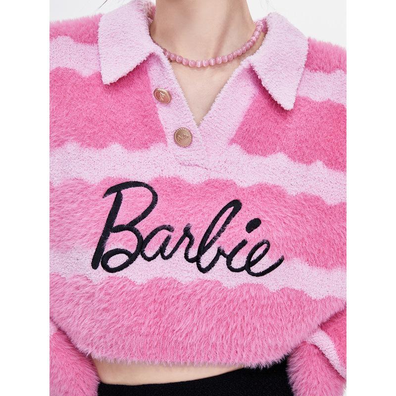 2022 Winter Barbie Short Pure Sexy Mink Hair Polos Striped Wool Sweater for Women Fashion Girls Soft Tops V-Neck Ins Style Gifts