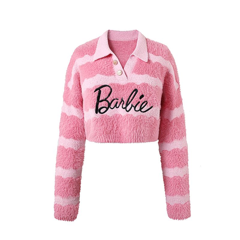 2022 Winter Barbie Short Pure Sexy Mink Hair Polos Striped Wool Sweater for Women Fashion Girls Soft Tops V-Neck Ins Style Gifts pink