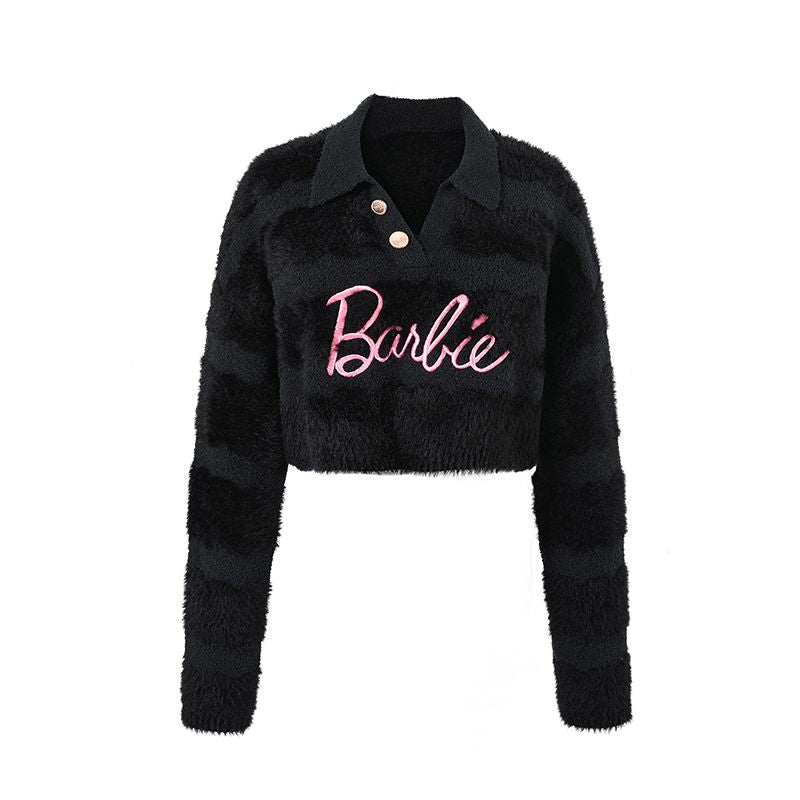 2022 Winter Barbie Short Pure Sexy Mink Hair Polos Striped Wool Sweater for Women Fashion Girls Soft Tops V-Neck Ins Style Gifts black