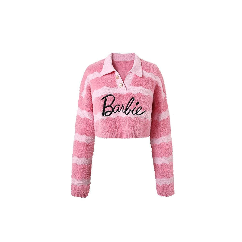 2022 Winter Barbie Short Pure Sexy Mink Hair Polos Striped Wool Sweater for Women Fashion Girls Soft Tops V-Neck Ins Style Gifts