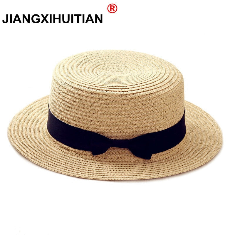 2022 simple Summer Parent-child Beach Hat Female Casual Panama Hat Lady Brand Women Flat brim Bowknot Straw cap girls Sun Hat AMAIO
