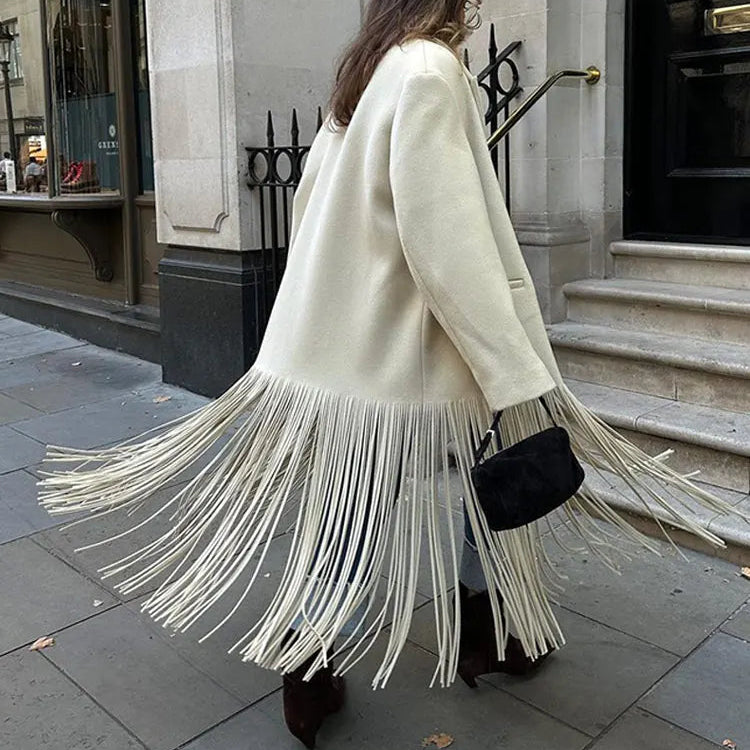 2023 Autumn New Solid Tassel Woolen Blends Coat Women Lapel Full Sleeve With Pocket Coats Female Fashion Streetwear Overcoats