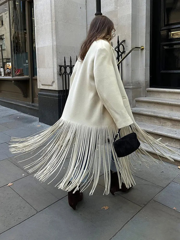 2023 Autumn New Solid Tassel Woolen Blends Coat Women Lapel Full Sleeve With Pocket Coats Female Fashion Streetwear Overcoats