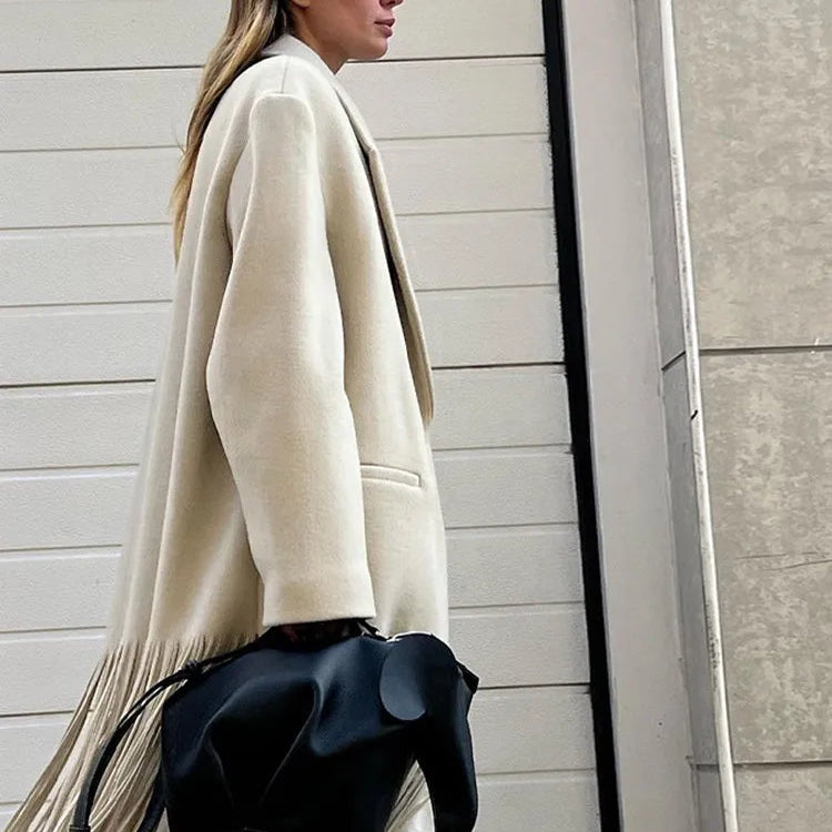 2023 Autumn New Solid Tassel Woolen Blends Coat Women Lapel Full Sleeve With Pocket Coats Female Fashion Streetwear Overcoats